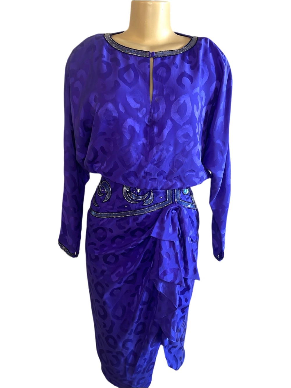 Vintage A.J. Bari Silk Purple Abstract Embellished Midi Dress